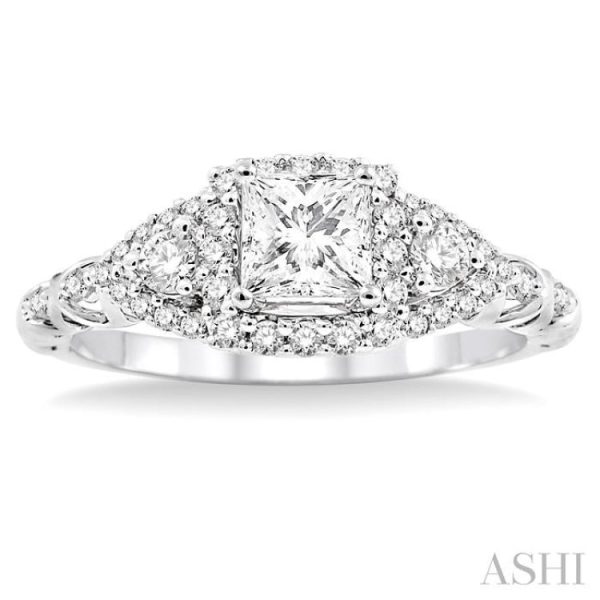 1 2 Ctw Round Cut Diamond Engagement Ring with 1 5 Ct Princess Cut Center Stone in 14K White Gold Online now