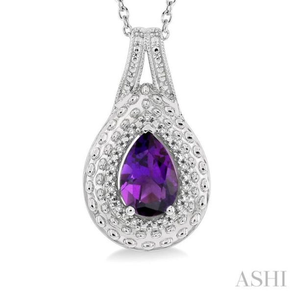 1 20 Ctw Round Cut Diamond & 9x6 MM Pear Cut Amethyst Semi Precious Pendant With Chain in Sterling Silver Supply