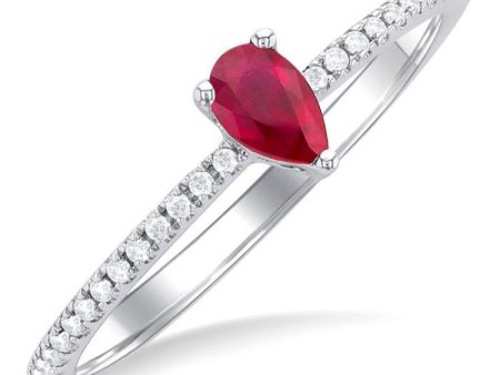 1 10 ctw Petite 5x3 MM Pear Cut Ruby and Round Cut Diamond Precious Fashion Ring in 10K White Gold Hot on Sale