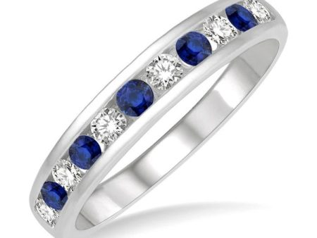 1 4 ctw Round Cut Diamond and 2.3MM Sapphire Precious Wedding Band in 14K White Gold Online