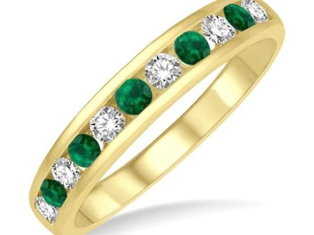 1 4 ctw Round Cut Diamond and 2.3MM Emerald Precious Wedding Band in 14K Yellow Gold Online Sale