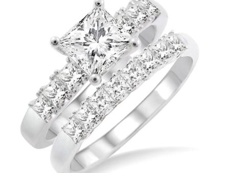 1 3 8 Ctw Diamond Wedding Set with 1 Ctw Princess Cut Engagement Ring and 3 8 Ctw Wedding Band in 14K White Gold Online Hot Sale