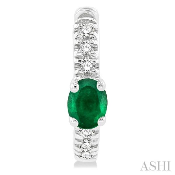 1 10 ctw Petite 4X3 MM Oval Cut Emerald and Round Cut Diamond Fashion Huggies in 10K White Gold on Sale