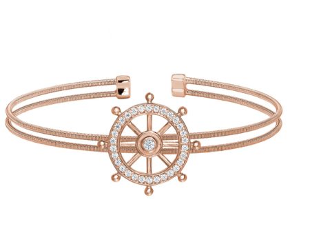 Rose Gold Finish Sterling Silver Two Cable Ships Wheel Cuff Bracelet Bracelet with Simulated Diamonds on Sale