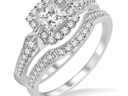 1 2 Ctw Diamond Wedding Set with 3 8 Ctw Princess Cut Engagement Ring and 1 6 Ctw Wedding Band in 14K White Gold Sale