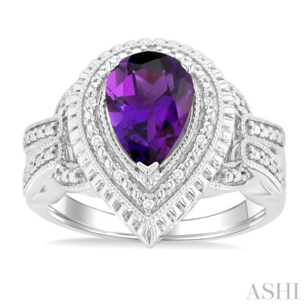 1 20 ctw Pear Cut 10X7 MM Amethyst and Round Cut Diamond Semi Precious Ring in Sterling Silver For Discount