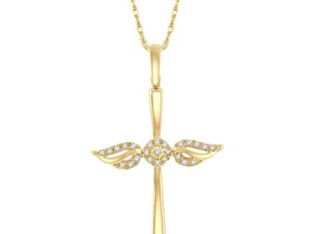 1 10 Ctw Angel Wing Round Cut Diamond Cross Pendant With Chain in 10K Yellow Gold Online