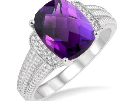 1 20 Ctw Round Cut Diamond & 10x8 MM Cushion Shape Amethyst Semi Precious Ring in Sterling Silver Online Sale