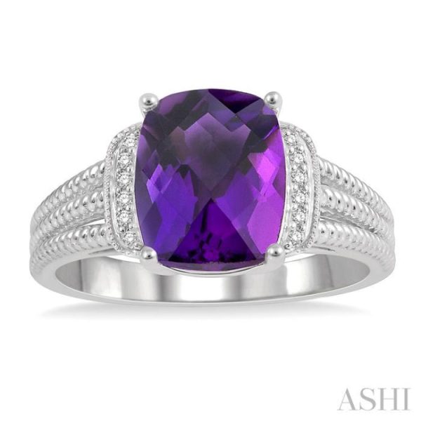 1 20 Ctw Round Cut Diamond & 10x8 MM Cushion Shape Amethyst Semi Precious Ring in Sterling Silver Online Sale