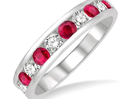 1 2 ctw Round Cut Diamond and 2.9MM Ruby Precious Wedding Band in 14K White Gold Hot on Sale