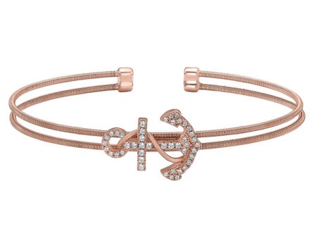 Rose Gold Finish Sterling Silver Two Cable Anchor Cuff Bracelet Bracelet with Simulated Diamonds Hot on Sale