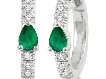 1 10 Ctw 4X3MM Pear Cut Emerald and Round Cut Diamond Huggie Earrings in 10K White Gold Online Sale