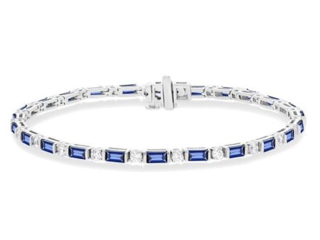 1 1 10 ctw Art Deco 4X2 MM Baguette Cut Sapphire and Round Cut Diamond Precious Tennis Bracelet in 14K White Gold Sale