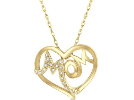 1 20 Ctw MOM Round Cut Diamond Heart Pendant With Chain in 10K Yellow Gold For Sale