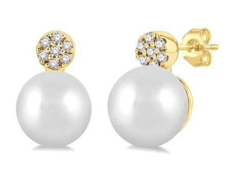 1 20 ctw Petite 5.5 MM Cultured Pearls and Round Cut Diamond Fashion Earring in 10K Yellow Gold on Sale