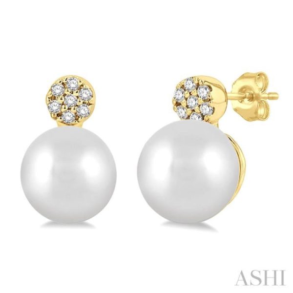 1 20 ctw Petite 5.5 MM Cultured Pearls and Round Cut Diamond Fashion Earring in 10K Yellow Gold on Sale