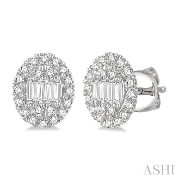 1 2 Ctw Oval Mount Baguette and Round Cut Diamond Earrings in 14K White Gold Online now