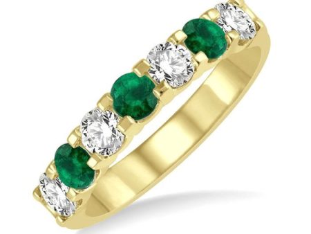 1 2 ctw Round Cut Diamond and 3.3MM Emerald Precious Wedding Band in 14K Yellow Gold Online Hot Sale