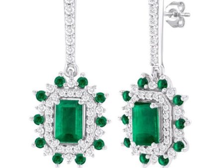 1 3 ctw 5x3 MM & 1.45 MM Emerald and Round Cut Diamond Precious Earring in 14K White Gold Discount