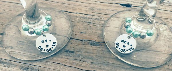 Set of 2 Mr.& Mrs. Wine Glass Charms - Hand Stamped - Personalized with Wedding Date - You choose pearl colors For Discount