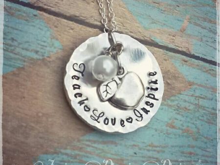 Teacher Necklace * Teach Love Inspire * Apple - Freshwater Pearl Bead * Texturized * Disc * Teacher Gift * Personalized * End of the year Fashion