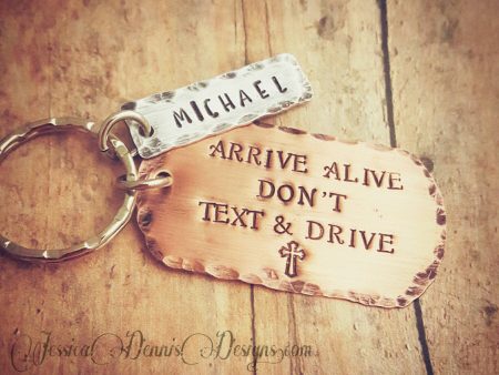 Teen Dogtag * Arrive Alive Don t Text and Drive - Keychain * New Car * New Driver - Cross - Teen Boy - Guy Gifts - Mixed Metals - Name on Sale