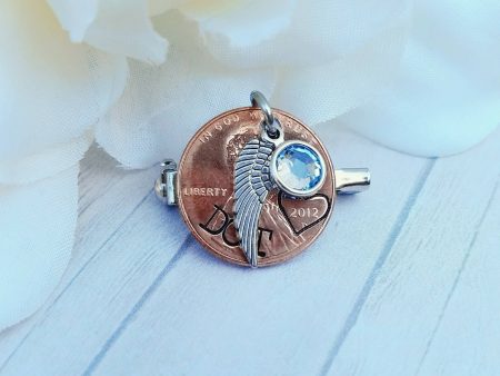 Something Blue Memorial Pin - Penny Pin - Bouquet Charm - Pennies from Heaven Pin - Custom Hand Stamped Penny - Blue Crystal - In memory of Hot on Sale