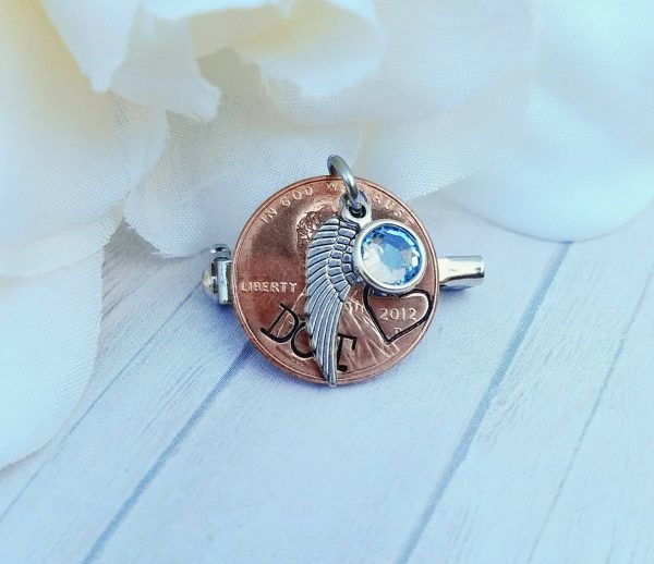 Something Blue Memorial Pin - Penny Pin - Bouquet Charm - Pennies from Heaven Pin - Custom Hand Stamped Penny - Blue Crystal - In memory of Hot on Sale