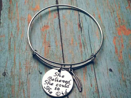 She believed she could so she did - Expandable Style Expandable Bangle Bracelet - Feather Charm - Success Gift - Sobriety Gift Sale