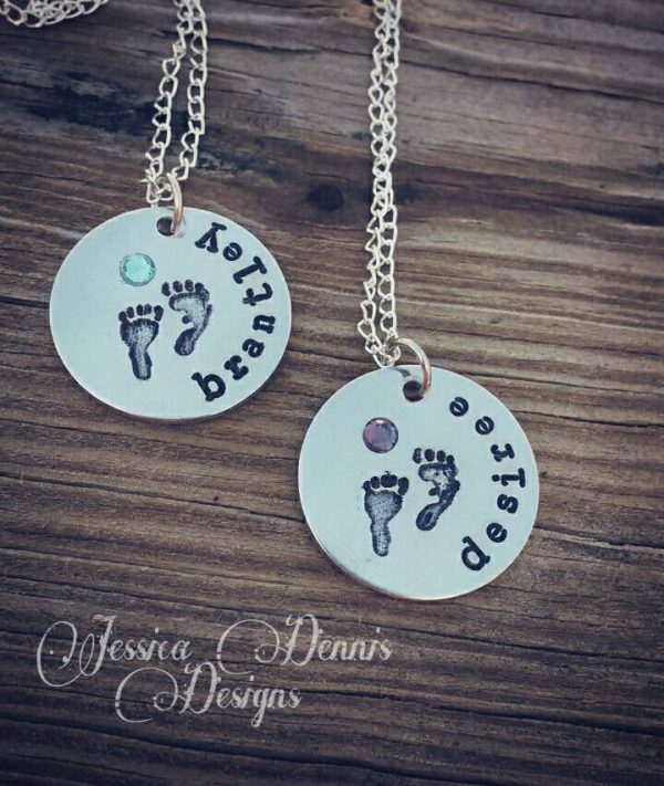 SALE - Personalized Hand Stamped Baby Feet Necklace - You choose Name and Birthstone or crystal color - New Mom Mother s Day Gift - New Baby Fashion