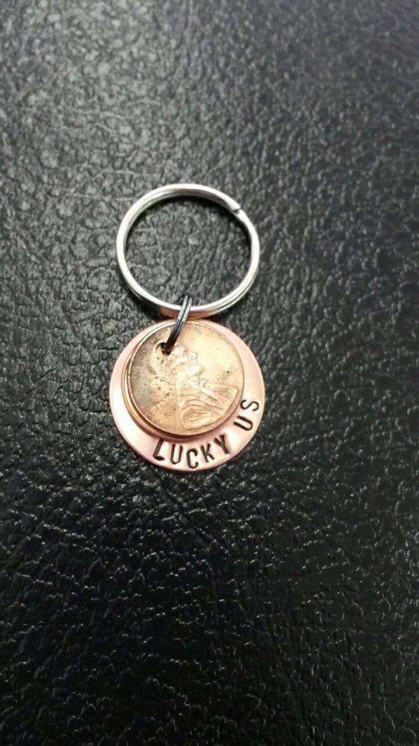 1 Lucky Us Penny Keychain with up to 2 pennies * Years of children s birthdays * Marraige Year* Any year you d like *Hand Stamped Copper Supply