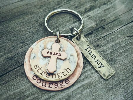 Rustic Personalized Keychain - Faith Strength Courage - Sobriety Gift - Sympathy Gift - Mixed Metals Keychain - Cross Key Chain -Custom made For Discount