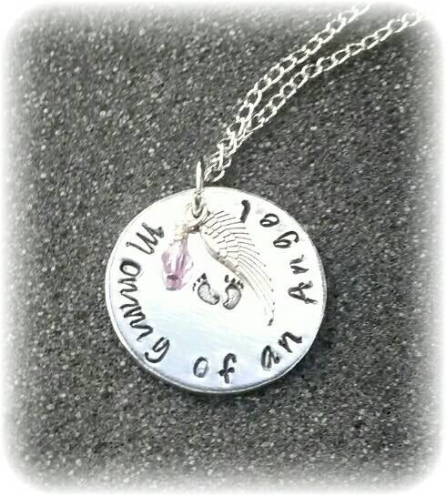 SALE Mommy of an angel* Hand stamped * Birthstone * Angel wing * Baby feet * Necklace or Bracelet Cheap