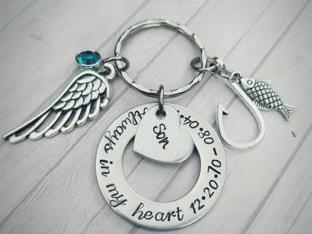 Son Memorial - Always in my heart - Fishing Son Keychain - I miss you dad - Sympathy Gift - Parent Loss - I have an Angel - Fishing Memorial on Sale