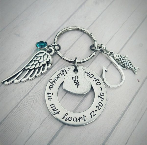 Son Memorial - Always in my heart - Fishing Son Keychain - I miss you dad - Sympathy Gift - Parent Loss - I have an Angel - Fishing Memorial on Sale