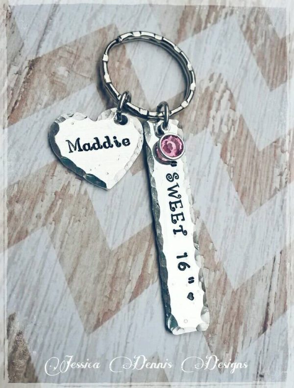 Sweet 16 Personalized Keychain  * New Car * New Driver Gift * Birthstone * 16 year old gift For Sale