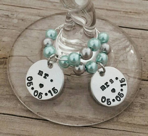 Set of 2 Mr.& Mrs. Wine Glass Charms - Hand Stamped - Personalized with Wedding Date - You choose pearl colors For Discount