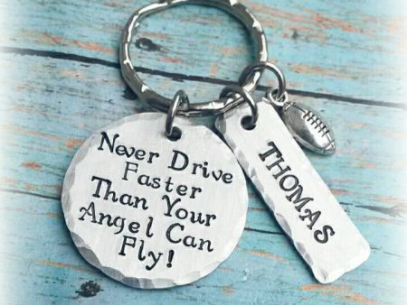 Sweet 16 Boy Gift * Never drive faster than your angel can fly Keychain * New Car * New Driver Gift * Football Player - Teen Boy - Guy Gifts Online Sale