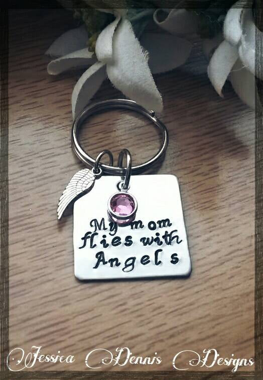 Personalized  My Mom flies with angels   My Dad flies with angels  Memorial hand stamped swarovski crystal birthstone necklace or keychain Hot on Sale