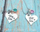 Sister Necklace Set - Big Sis - Little Sis - Birthstone Necklaces - Sister gift - Hand Stamped - Heart Necklace Set - Sissy Necklace Sale