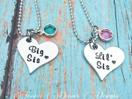 Sister Necklace Set - Big Sis - Little Sis - Birthstone Necklaces - Sister gift - Hand Stamped - Heart Necklace Set - Sissy Necklace Sale