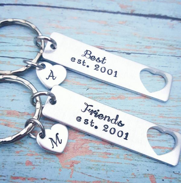 Set of 2 Best Friends Keychains * Personalized Best Friends Gift or date * Heart cutouts * BFF Keychains - Friend Gift - Hand Stamped Discount