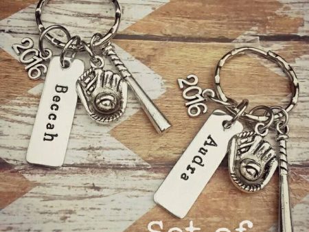 Set of 2 Personalized baseball softball keychain * Hand Stamped - 2016 - Senior - Sports Keychain - Softball Gifts on Sale