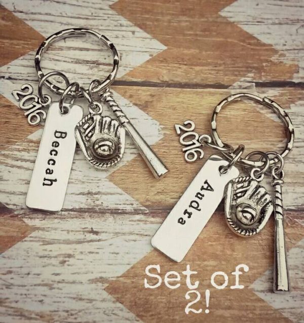 Set of 2 Personalized baseball softball keychain * Hand Stamped - 2016 - Senior - Sports Keychain - Softball Gifts on Sale