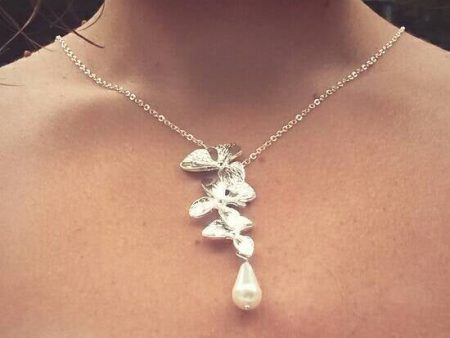 Wedding Orchid Cascading Necklace and Earrings Set - Silver - Wedding Jewelry Set - Orchid earrings - Bridesmaid Jewelry - Flower Necklace Discount