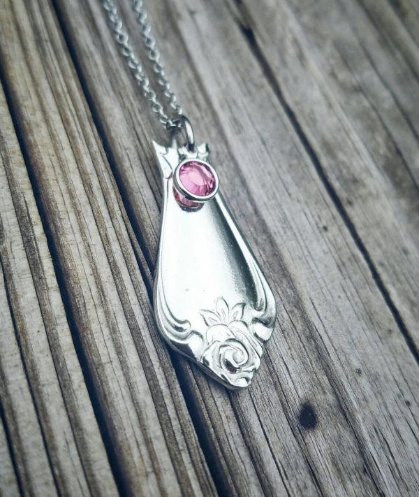 Rose Spoon Handle Birthstone Necklace - Pewter Spoon Necklace - Shiny Spoon Necklace - Custom Jewelry - Gifts for her - Mom Necklace on Sale