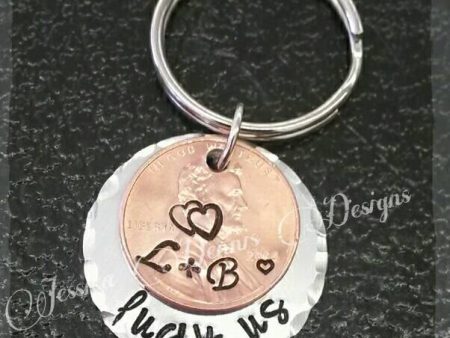 1 Lucky Us Penny Keychain * Anniversary Gift * Wedding Gift * Marraige Year* Any year you d like *Hand Stamped* Hearts * Personalized Online Sale