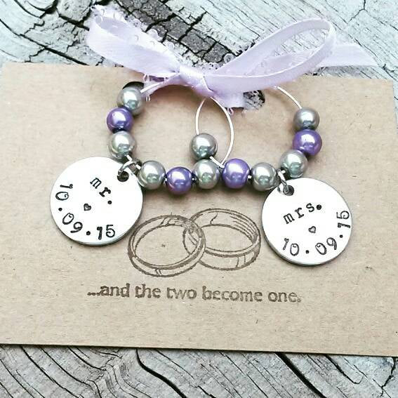 Set of 2 Mr.& Mrs. Wine Glass Charms - Hand Stamped - Personalized with Wedding Date - You choose pearl colors For Discount