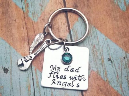 Personalized  My Dad flies with angels  Memorial hand stamped swarovski crystal birthstone necklace or keychain Sale