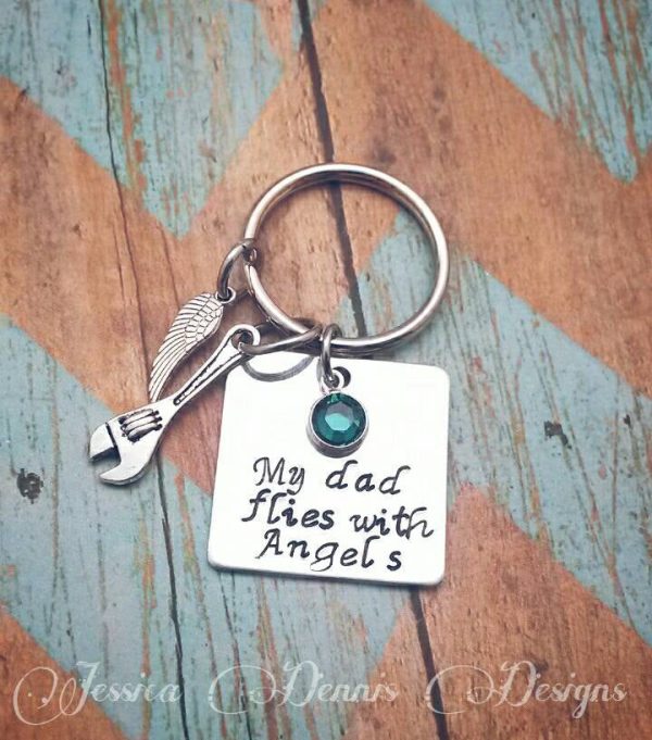 Personalized  My Dad flies with angels  Memorial hand stamped swarovski crystal birthstone necklace or keychain Sale